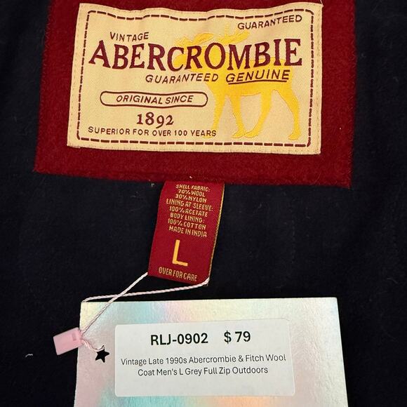 Vintage Late 1990s Abercrombie & Fitch Wool Coat Men's L Grey Full Zip Outdoors - Picture 5 of 7